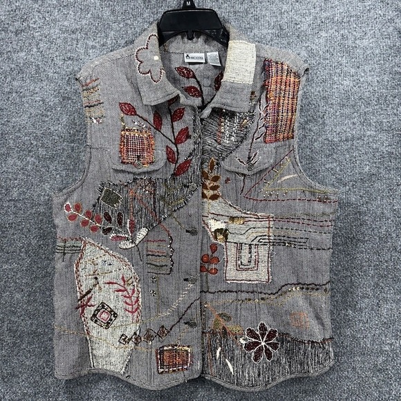 Chico's Jackets & Blazers - Chico's Vest Gray Herringbone Embroidered Applique Sleeveless Top Medium